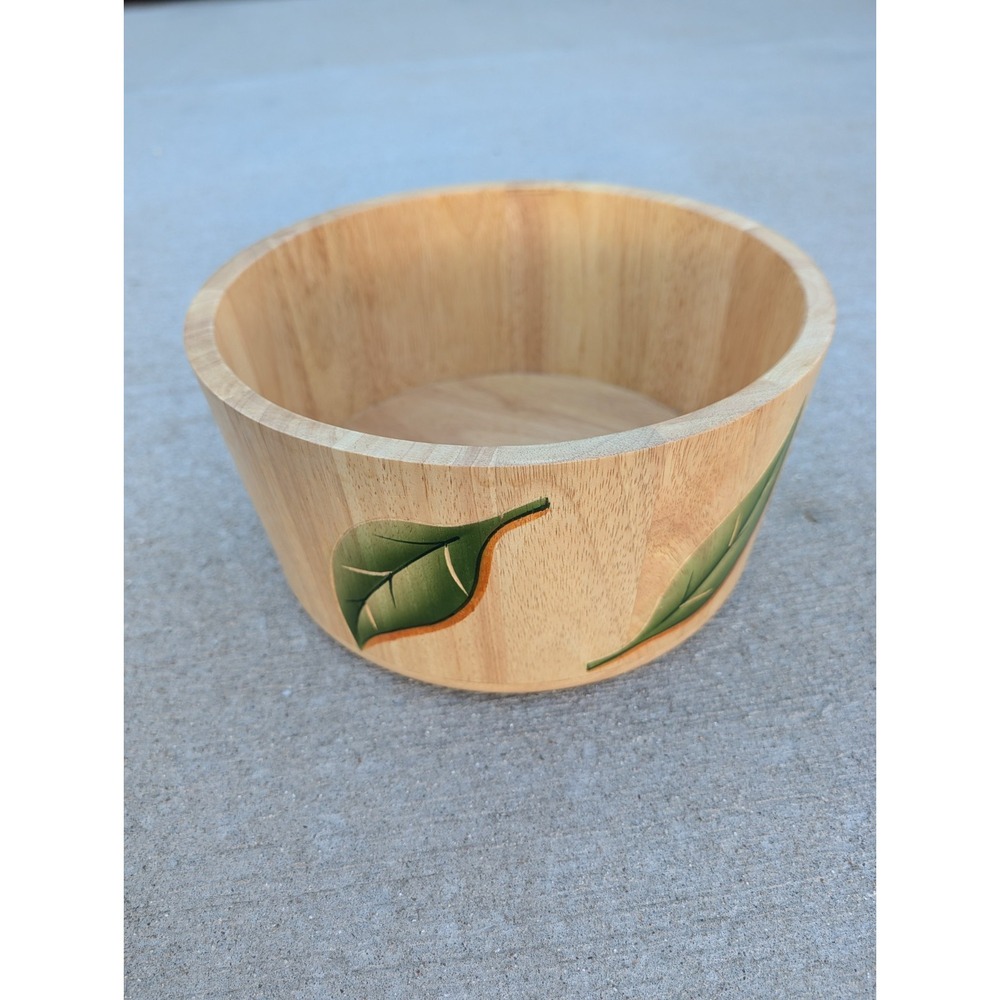 Vintage Clay Art Wooden Salad Bowl Hand Painted Green Leaves Serving Large 2001 - Picture 2 of 6